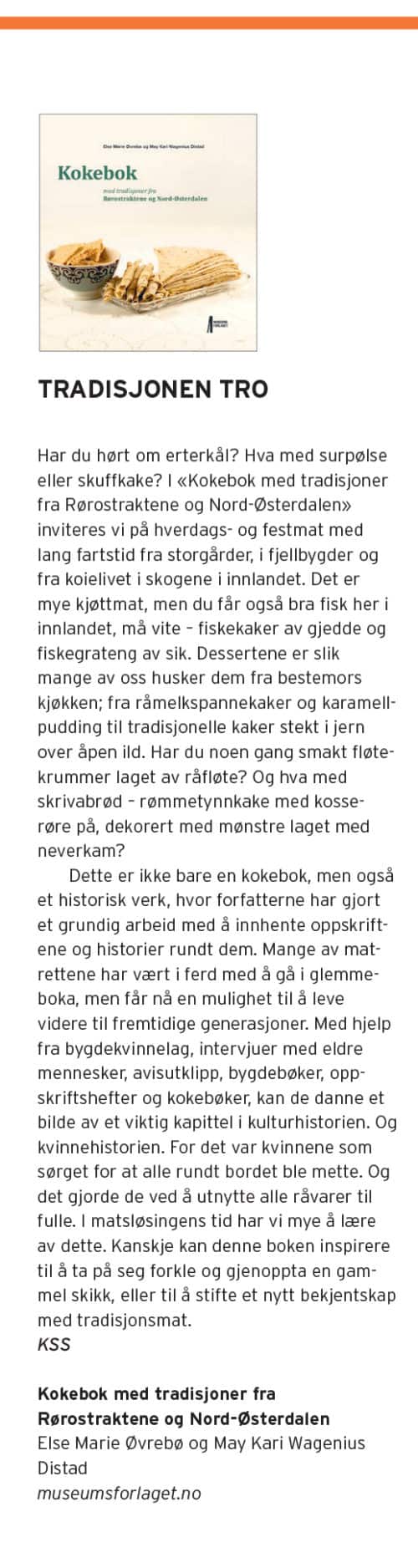 Presseklipp om boka Kokebok med tradisjoner fra Rørostraktene og Nord-Østerdalen i magasinet Ren Mat